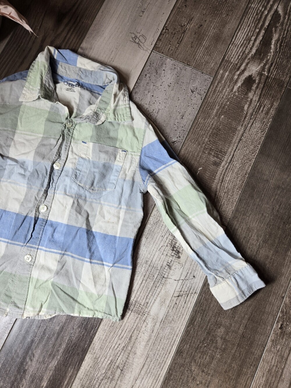 Cherokee Boys Plaid Cotton Button-Up Shirt in Light Blue & Mint Green Size 4T